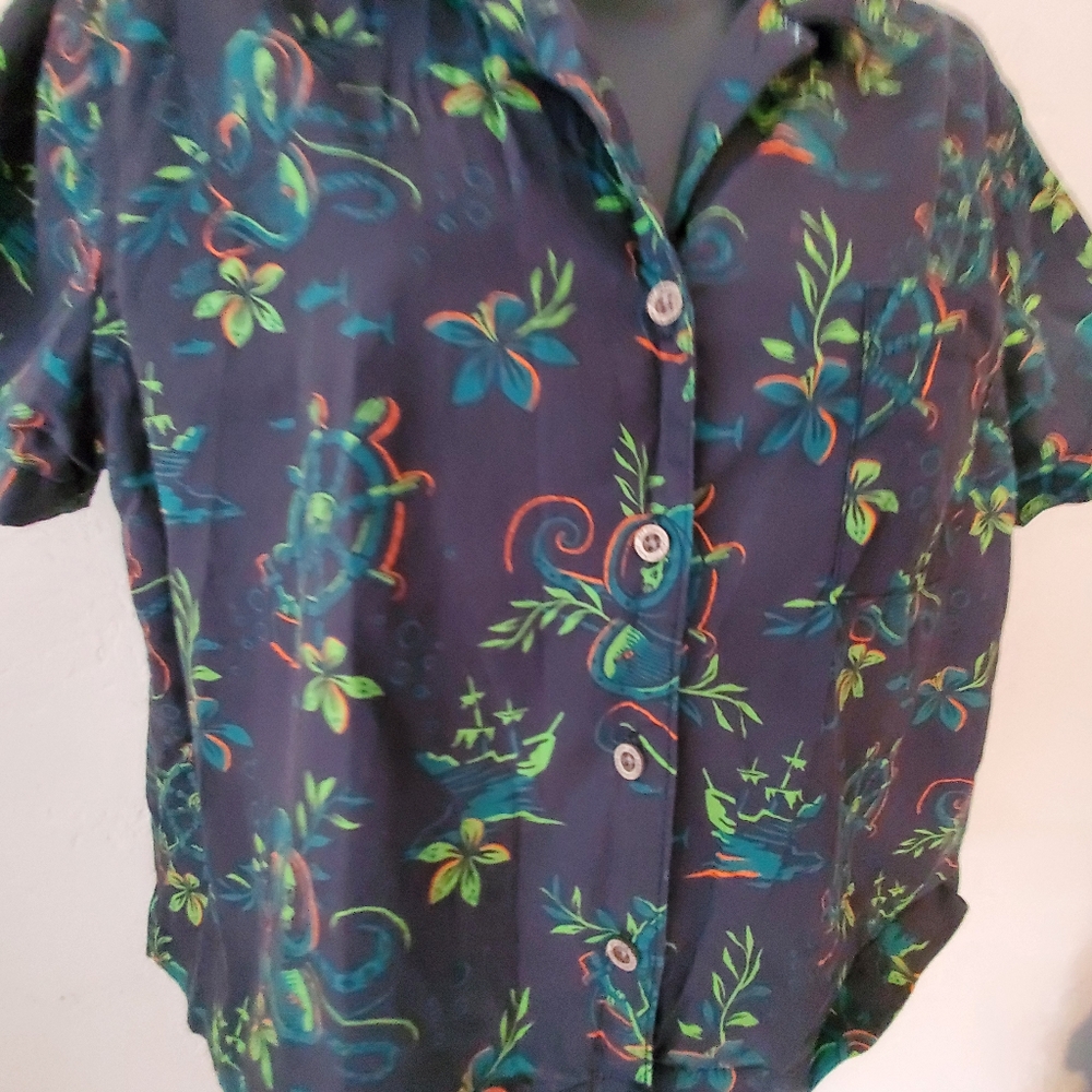 Women's Jeff Granito tiki deep dive print Hawaiian shirt L - Picture 3 of 8